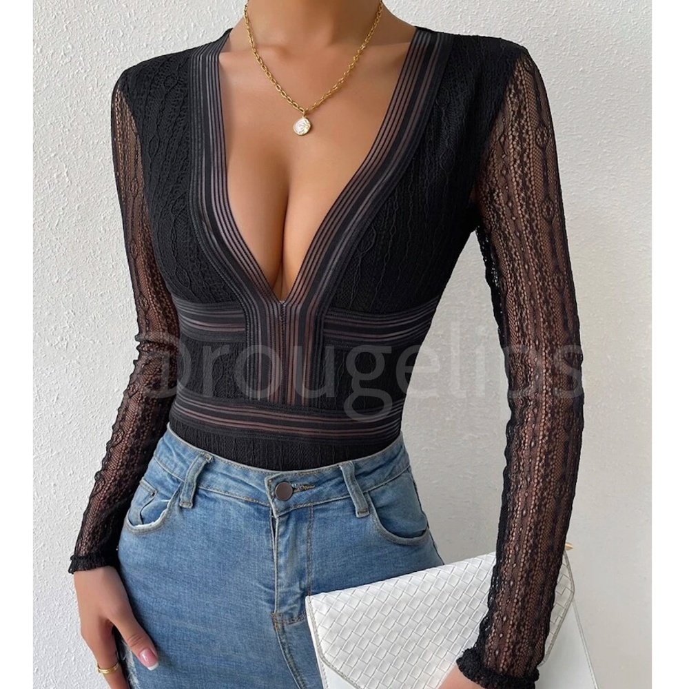 Black Lace Bodysuit Cut Out Back V-Neck Long Sleeve - Picture 2 of 13